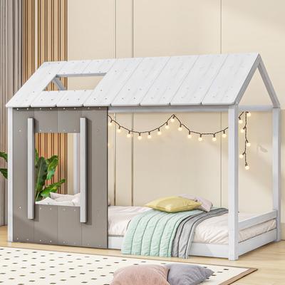 Twin House Bed, Montessori Bed Twin Size Floor Bed with Rails and Roof, Window, Solid Wood Platform Bed Frame with Slats