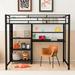 Modern Simple Full Size Loft Bed with Desk and Whiteboard, Metal Loft Bed with 3 Shelves and Ladder for Kids Teens Adults