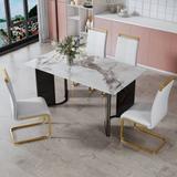 Table and chair set. 1 table and 4 white PU backrest cushions with gold metal leg chairs .white imitation marble desktop