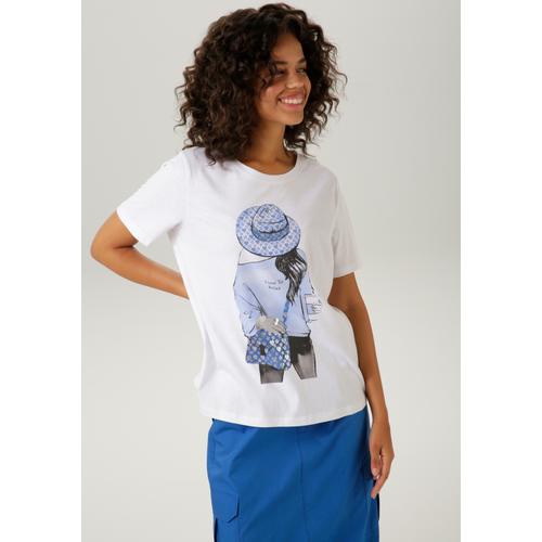 T-Shirt ANISTON CASUAL Gr. 36/38, blau (weiß-hellblau-schwarz-royalblau-silberfarben) Damen Shirts mit silberfarbenem Folienprint verzierter Frontdruck