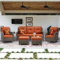 MeetLeisure 6 Pieces Outdoor Furniture Patio Furniture Set with One 3-Seat Sofa Two Swivel Rocking Chairs Two Ottomans One Side Table Orange
