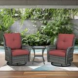 PARKWELL 3-Piece Outdoor Swivel Gliders with Thick Cushions and Side Table - Rattan Wicker Bistro Furniture Set - Gray Wicker and Red Cushion
