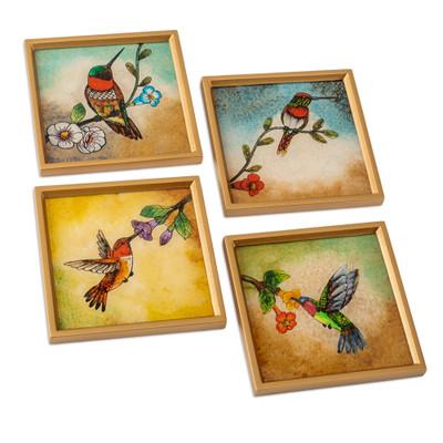 Joy at Sunset,'Bird-Themed Reverse-Painted Glass Coasters (Set of 4)'