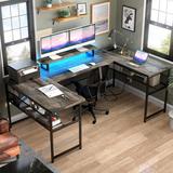 Inbox Zero Manasa 82.7" U-Shaped Computer Desk w/ LED Strip & Outlets, Home Office Desk w/ Monitor Stand Wood/Metal in Black | Wayfair