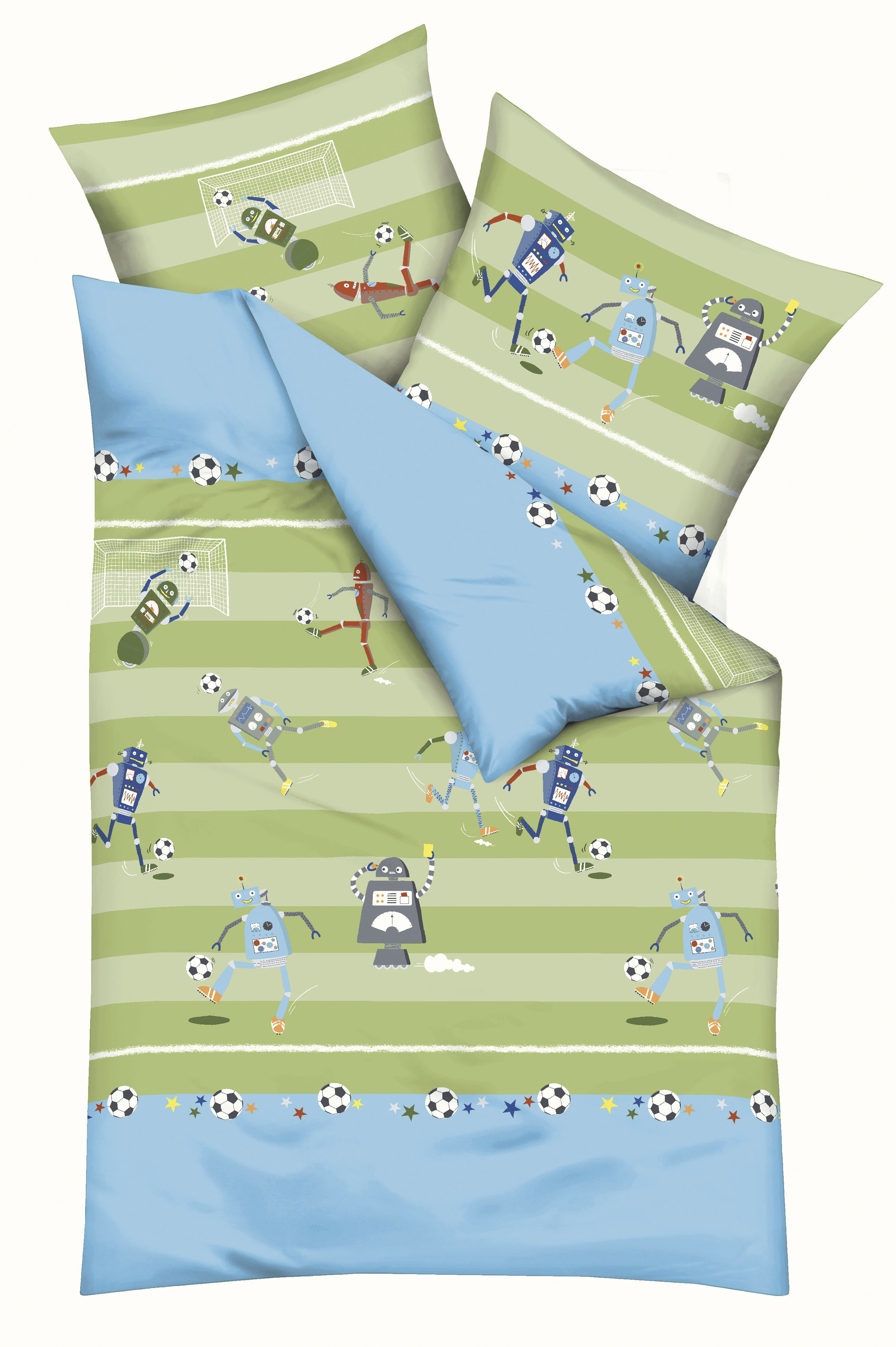 Kinderbettwäsche KAEPPEL "Robo Football", grün (kiwi), B/L: 100cm x 135cm, 1 Stk., 1 Stk., Renforcé, B/L: 40cm x 60cm, 2 Stk., Renforcé, Obermaterial: 100% Baumwolle, Bettwäsche, Fußballspielende Roboter Image