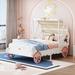 Twin Size Princess Carriage Bed with Canopy, Wood Platform Car Bed with 3D Carving Pattern, White&Pink&Gold