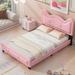 Twin/Full Size Upholstered Platform Bed w/ Carton Ears Shaped Headboard, Low to Ground Bed Frame w/ Slats Support for Girls Boys