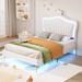 Twin Size PU Upholstered Platform Bed Frame with Crown Headboard and LED Lights, Wooden Slats Support, Noise Free Design