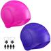 2 Pack Unisex Swim Caps with 3D Ear Protection Durable Flexible Silicone Swimming Hats for Women Men Kids Adults Waterproof Bathing Swimming Caps for Short/Long Hair with Ear Plugs and Nose Clip