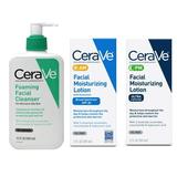 CeraVe Daily Skincare Facial Bundle - CeraVe Foaming Facial Cleanser (12 oz) AM CeraVe Facial Moisturizing Lotion with Sunscreen (2 oz) and PM Facial Moisturizing Lotion (2 oz)