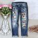 hcuribad Baggy Jeans Boyfriend Jeans for Women Ripped Jeans Womens Womens Jeans Baseball Print Pants Dark Blue L