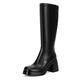 Dsevht Black Leather Knee High Boots for Women Platform Chunky Block Heeled Boots Round Toe Fashion Dress Boots, Black, 4.5 UK