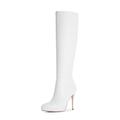Modatope Knee High Boots Women Platform Boots Pointed Toe Tall Boots 4 In Stiletto High Heel Long Boots Side Zipper Dress Knee High Boots, White Pu, 5 UK