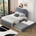 Full Size Upholstered Platform Bed with Wood Supporting Feet and Twin Size Trundle, Arc-Shaped Headboard