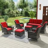 MeetLeisure 8 Pieces Outdoor Furniture Patio Furniture Set with One 3-Seat Sofa Two Swivel Rocking Chairs Two Rocking Chairs Two Ottomans One Side Table Red