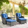 PARKWELL 5-Piece Outdoor Conversation Sets Wicker Swivel Gliders with Ottomans Side Table Patio Seating Furniture with Blue Cushions Gray Wicker