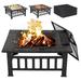 LeCeleBee 32 inch Outdoor Square Metal Firepit Backyard Patio Garden Stove Wood Burning W/Rain Cover Faux-Stone Finish