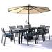 LeisureMod Chelsea Modern 9-Piece Outdoor Dining Set with Aluminum Dining Table and 8 Dining Chairs with Removable Cushions (Charcoal Blue)