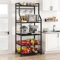 WhizMax Kitchen Bakers Rack Microwave Oven Stand with 2 Large Wire Basket Industrial Coffee Bar Station 5-Tier Kitchen Utility Storage Shelf with 8 Hooks for Spice Pots Organizer Black