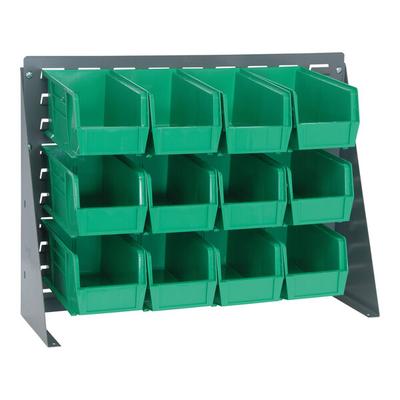Quantum 27 3/4" x 8" x 21" Gray Steel Bench Rack with (12) 10 7/8" x 5 1/2" x 5" Green Bins QBR-2721-230-12GN