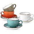 Yedio 8oz Cappuccino Cups Set of 4, Ceramic Cappuccino Mugs and Saucers, Porcelain Cup and Saucer Set for Cappuccino, Espresso, Coffee, Latte, Tea, Microwave Dishwasher Safe, Multicolor, Hand Painted