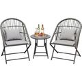 Kasibie Foldable 3-Piece Patio Bistro Set with Folding Rattan Chairs and Round Table - Outdoor Furniture for Balcony Garden Backyard Restaurant Cafe Bar - Includes Seat Cushions (Grey)