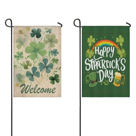 Happy St. Patrick s/Easter Day Outdoor Flags Irish Garden Flag Clovers Spring Green Welcome Flag12.5 Ã—18 2PCS Linen Vertical Double Sided Garden Flags for Home Farmhouse Holiday Outdoor Decor
