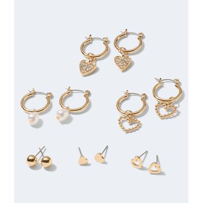 Aeropostale Womens' Rhinestone Heart Hoop & Stud Earring 6-Pack - Gold - Size ONE SIZE - Metal