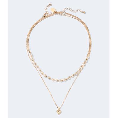 Aeropostale Womens' Faux Pearl Heart Necklace 2-Pack - Gold - Size One Size - Metal