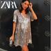 Zara Dresses | Gorgeous Zara Trf Flowy Shift V-Neck Mini Dress In Silver Sequin | Color: Silver | Size: Xs