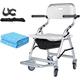 Mobile Shower Chair Wheelchairs, Commode Wheelchair with Removable Pot and Incontinence Pad Comfortable Waterproof Mobile Toilet with Folding Pedal andBelts