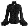 Women Victorian Blouse Vintage Gothic Lolita Shirt Pirate Long Sleeve Lace Ruffles Renaissance Medieval Shirts Medium Black