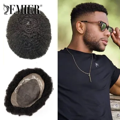 Toupet Afro pour Homme Cheveux Humains Fine Mono NPU 6 " Crépus Bouclés Prothèse Capillaire