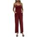 REORIAFEE Jumpsuits For Women 2023 Summer Square Collar Sleeveless Jumpsuit Solid Color Suspenders Women Playsuit Romper Strap Jumpsuit Women s Summer Jumpsuits 2023 Wine M