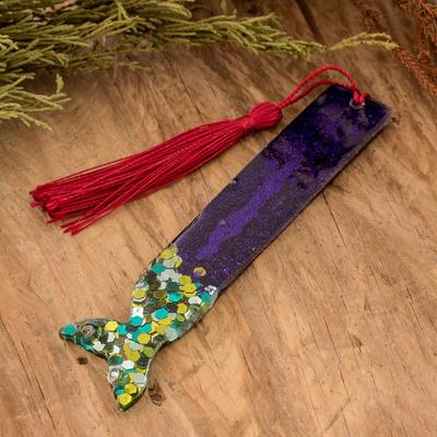 'Handcrafted Mermaid-Themed Resin Bookmark with Red Tassel'