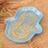 Serene Hamsa,'Handcrafted Hamsa-Shaped Blue and Golden Resin Catchall'