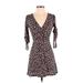 Topshop Casual Dress - A-Line Plunge 3/4 sleeves: Black Print Dresses - Women's Size 2 Petite