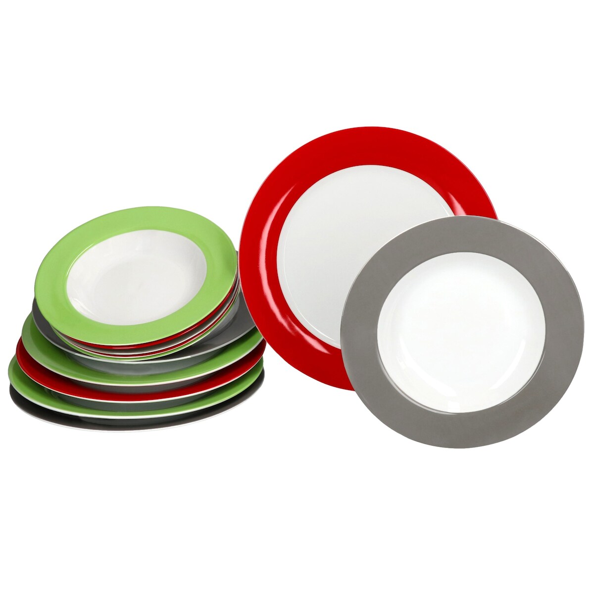 12tlg Tafelservice VARIANT TRIO für 6 Personen aus Porzellan - je 2x Rot, Grau & Grün Image