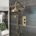 Randolph Morris Tranquil Rainfall Thermostatic Shower Set with Round Showerhead, Gooseneck Handshower, and Square Handles - Brushed Brass RMAS-2TSQ-RRHGN-HSR-BB