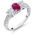 Gem Stone King 925 Sterling Silver Red Created Ruby 3-Stone Engagement Ring For Women (2.52 Cttw, Available In Size 5, 6, 7, 8, 9), Metal gemstone, Created Ruby Cubic Zirconia