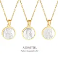 ASONSTEEL acier inoxydable religieux jésus vierge marie coquille ronde pendentif colliers pour femmes filles couleur or chaîne bijoux