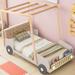 Twin Size Car Bed with Car light, Tent Bed with Ceiling Cloth, Wood Bed with Pillow, Kid's Bed with Magazine Holder, Natural