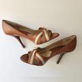 Michael Kors Shoes | Michael Kors Camel Criss Cross Leather Open Toe Heels 10m | Color: Brown/Cream | Size: 10