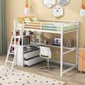 Harriet Bee Full Size Loft Bed w/ Desk & Shelves, Two Built-In Drawers, White Metal in Gray/White | 66 H x 50 W x 77 D in | Wayfair