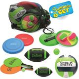 Xcello Sports Ultimate Summer Set with Toss and Catch Paddle Ball Volleyball Frisbee Junior and Mini Football Water Ball Bag and Pump