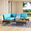 Wade Logan® Alice-Anna 4pcs Patio Rattan Furniture Set Cushioned Loveseat W/wooden Side Table Navy Synthetic Wicker/Wood/All | Wayfair