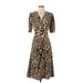 Topshop Casual Dress - Midi V Neck 3/4 sleeves: Brown Leopard Print Dresses - Women's Size 4