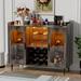 Ivy Bronx Kitron 40" Wine Bar Cabinet w/ Power Outlet, LED Light, Glasses Rack & Storage shelf Wood in Brown | Wayfair