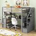 Multifunctional Gray Pine Wood Twin Loft Bed with Desk, Shelves, Drawers, and Storage Staircase