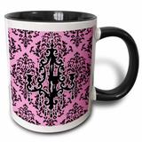 Stylish and pink damask print with chic black chandelier fixture 15oz Two-Tone Black Mug mug-26421-9